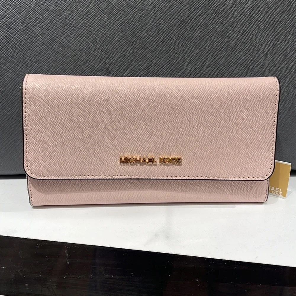 MICHAEL KORS JET SET TRAVEL LARGE TRIFOLD WALLET POWDER BLUSH COLOR - Picture 1 of 16